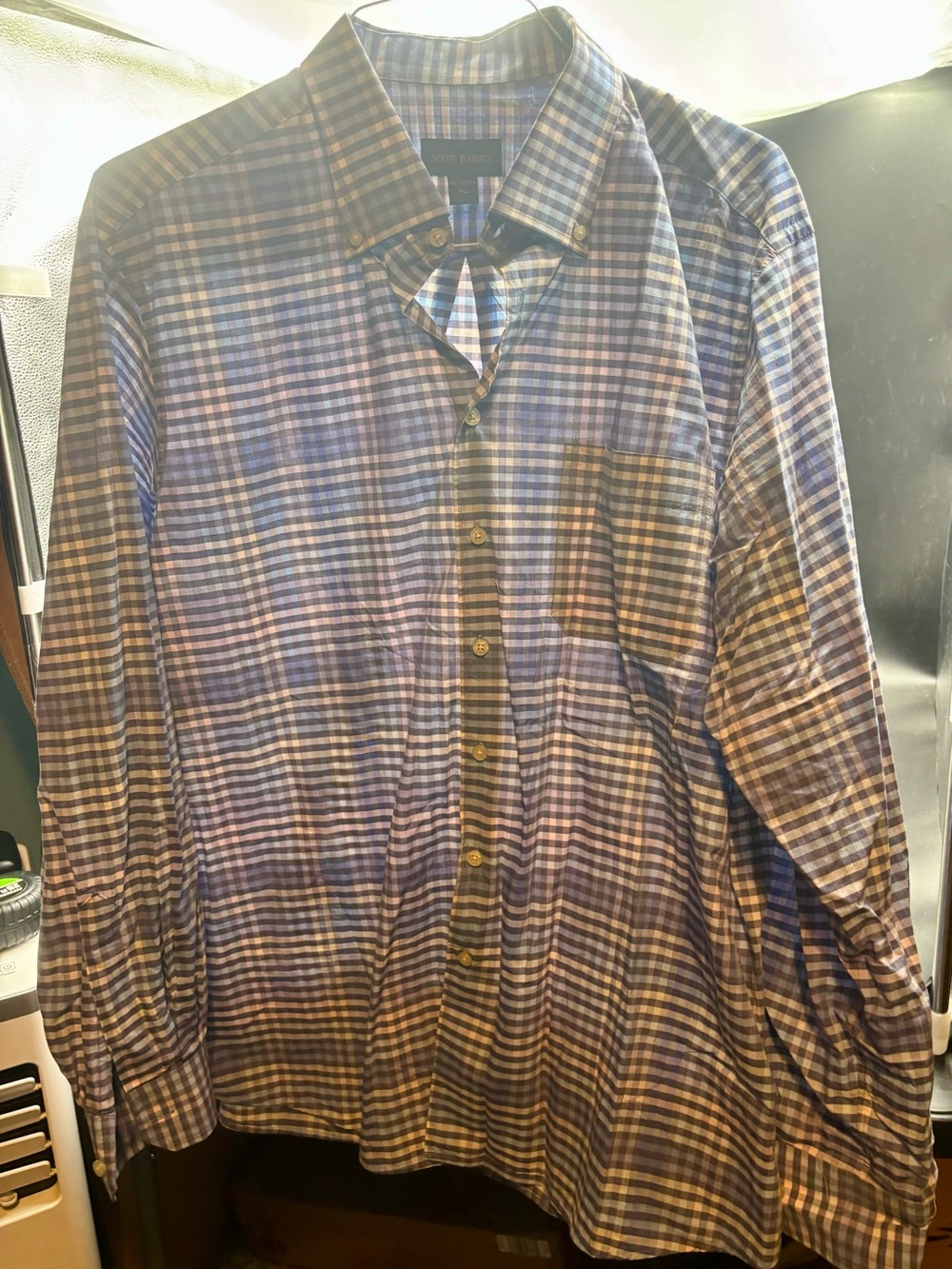 Scott Barber Men's XL Plaid Button Down Shirt - Blue Cream Check 100% Cotton